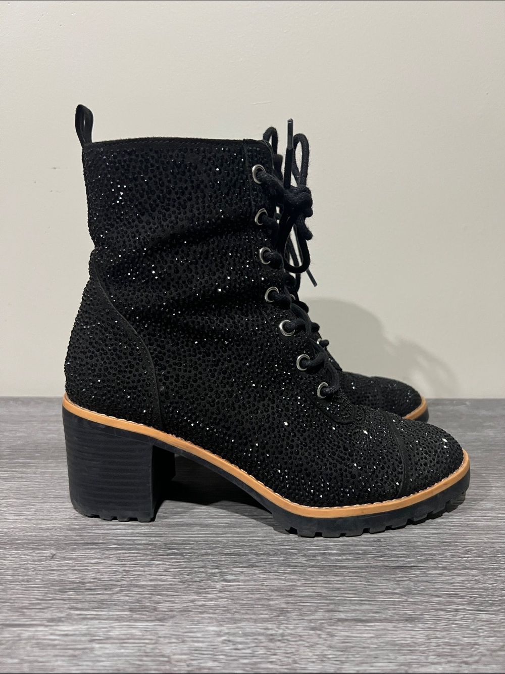 INC Black Lace-Up Block Heel Ankle Boots with Sparkle